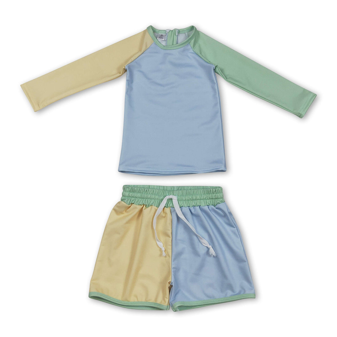 Mini Rodeo boys long sleeves patchwork swim top with shorts, stylish boy swimwear for beach or pool.