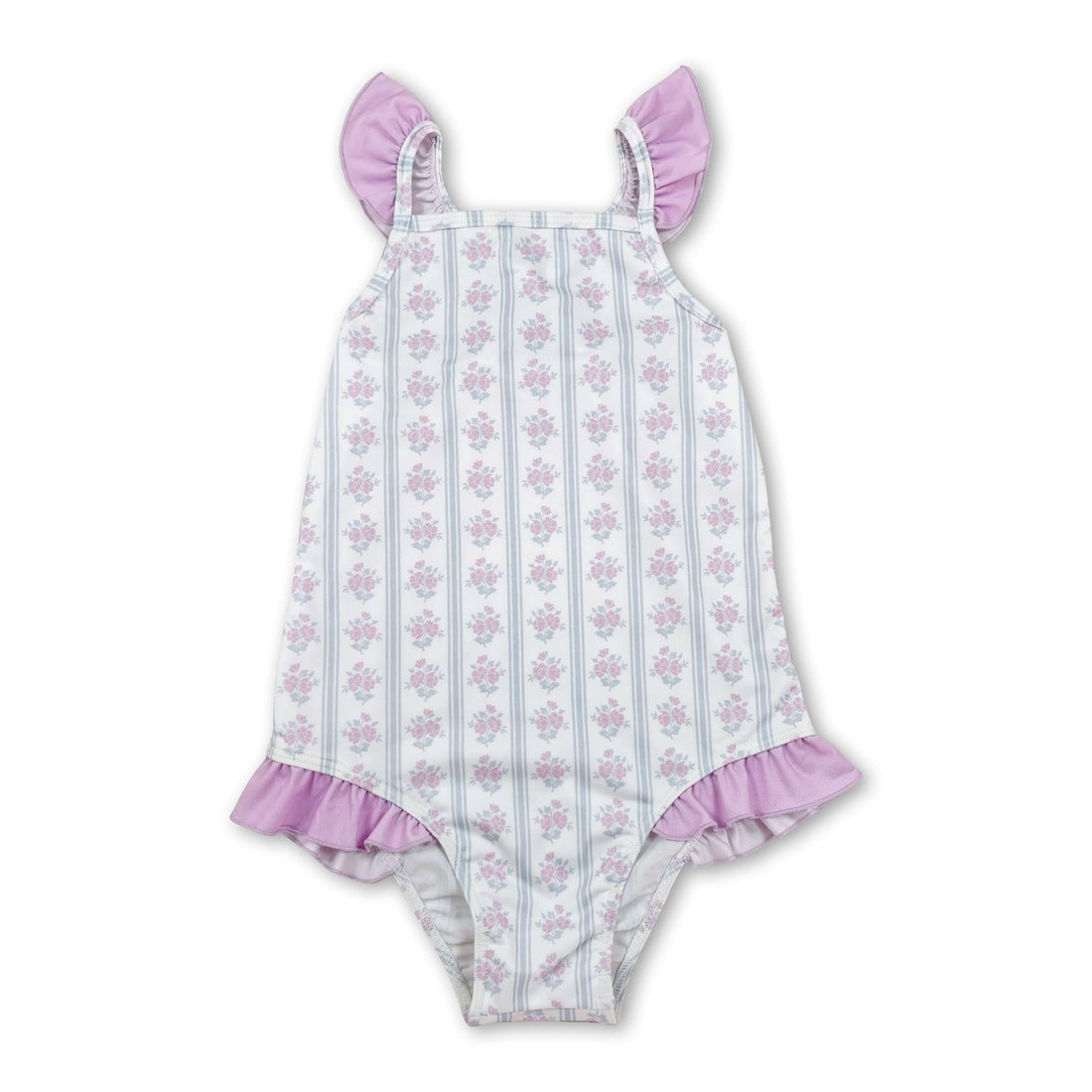 Mini Rodeo girl swimwear featuring flutter sleeves, floral and stripe pattern, one-piece swimsuit for baby girls, colorful and cute design.