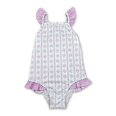 Mini Rodeo girl swimwear featuring flutter sleeves, floral and stripe pattern, one-piece swimsuit for baby girls, colorful and cute design.