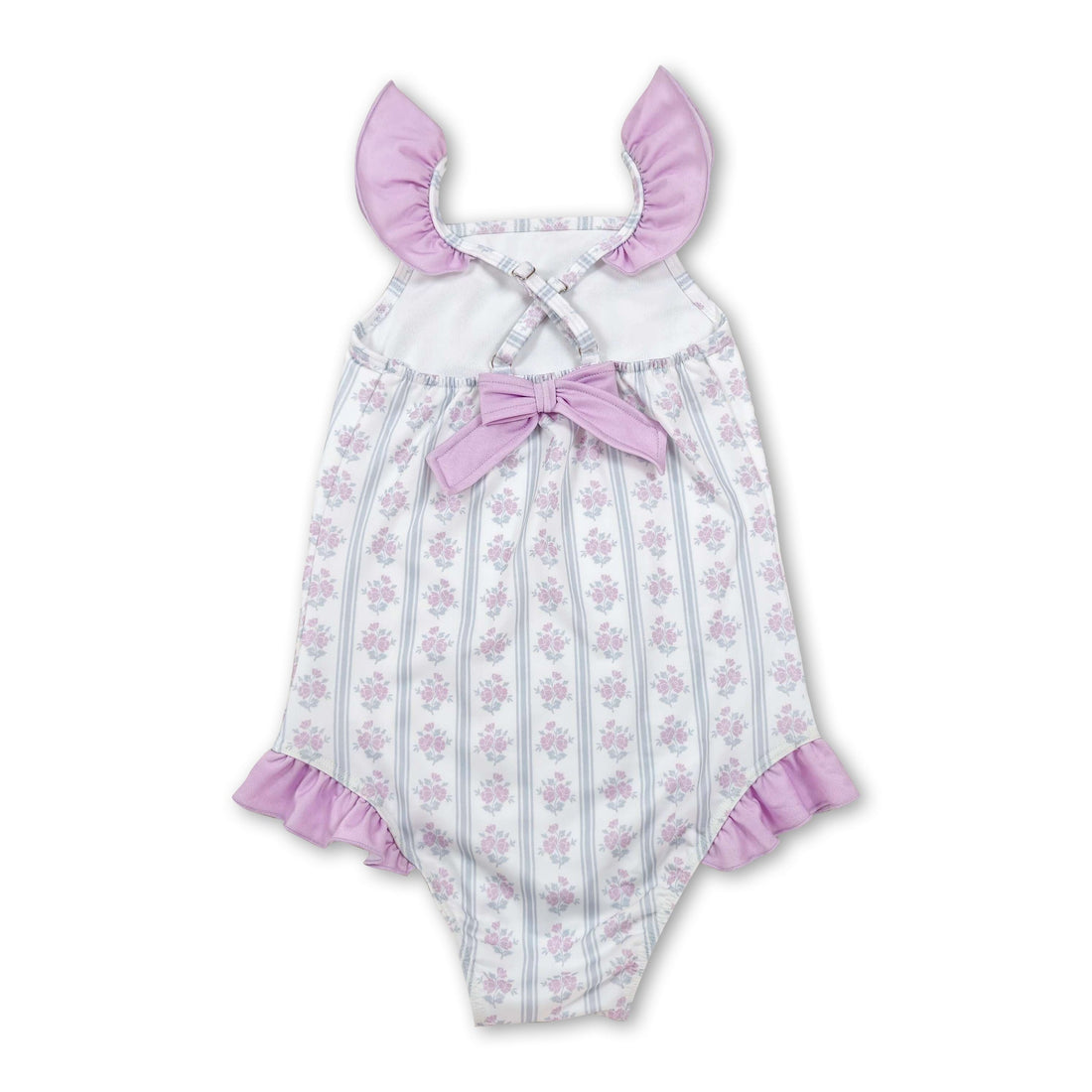 Mini Rodeo girl swimwear one-piece swimsuit with flutter sleeves, floral and stripe pattern, perfect for baby girls.