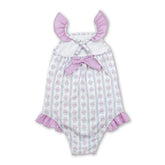 Mini Rodeo girl swimwear one-piece swimsuit with flutter sleeves, floral and stripe pattern, perfect for baby girls.