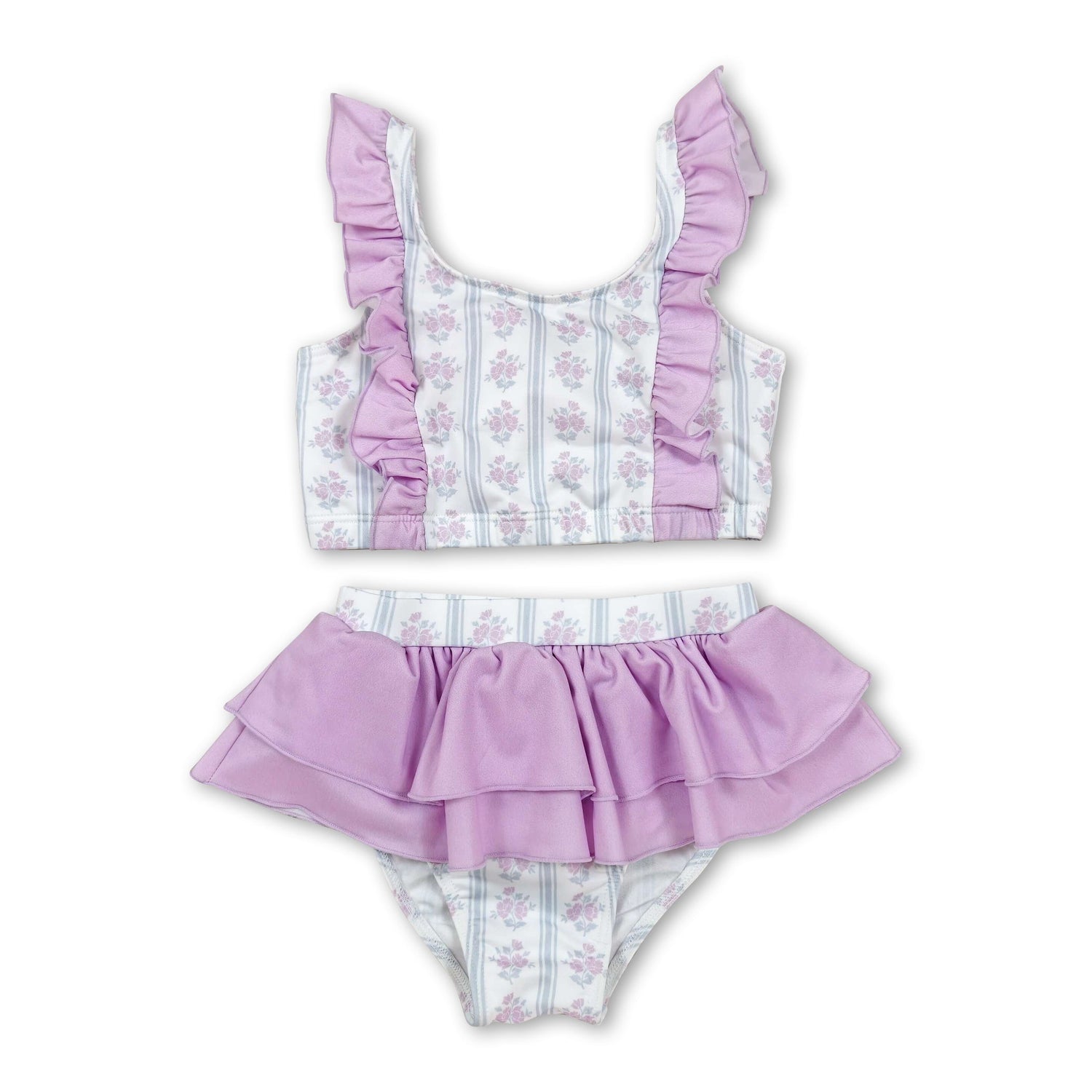 Flutter sleeves ruffle floral girls two pieces summer swimsuit