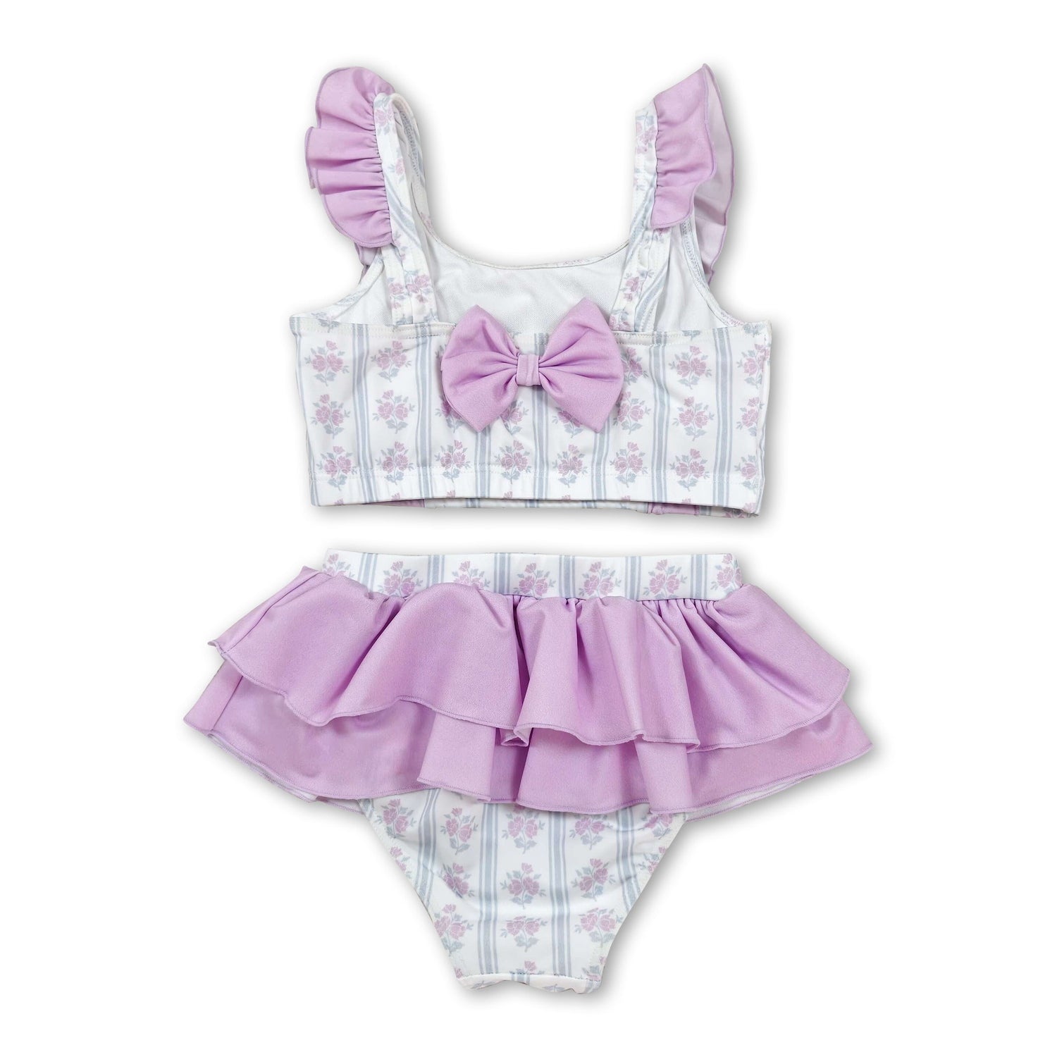 Flutter sleeves ruffle floral girls two pieces summer swimsuit