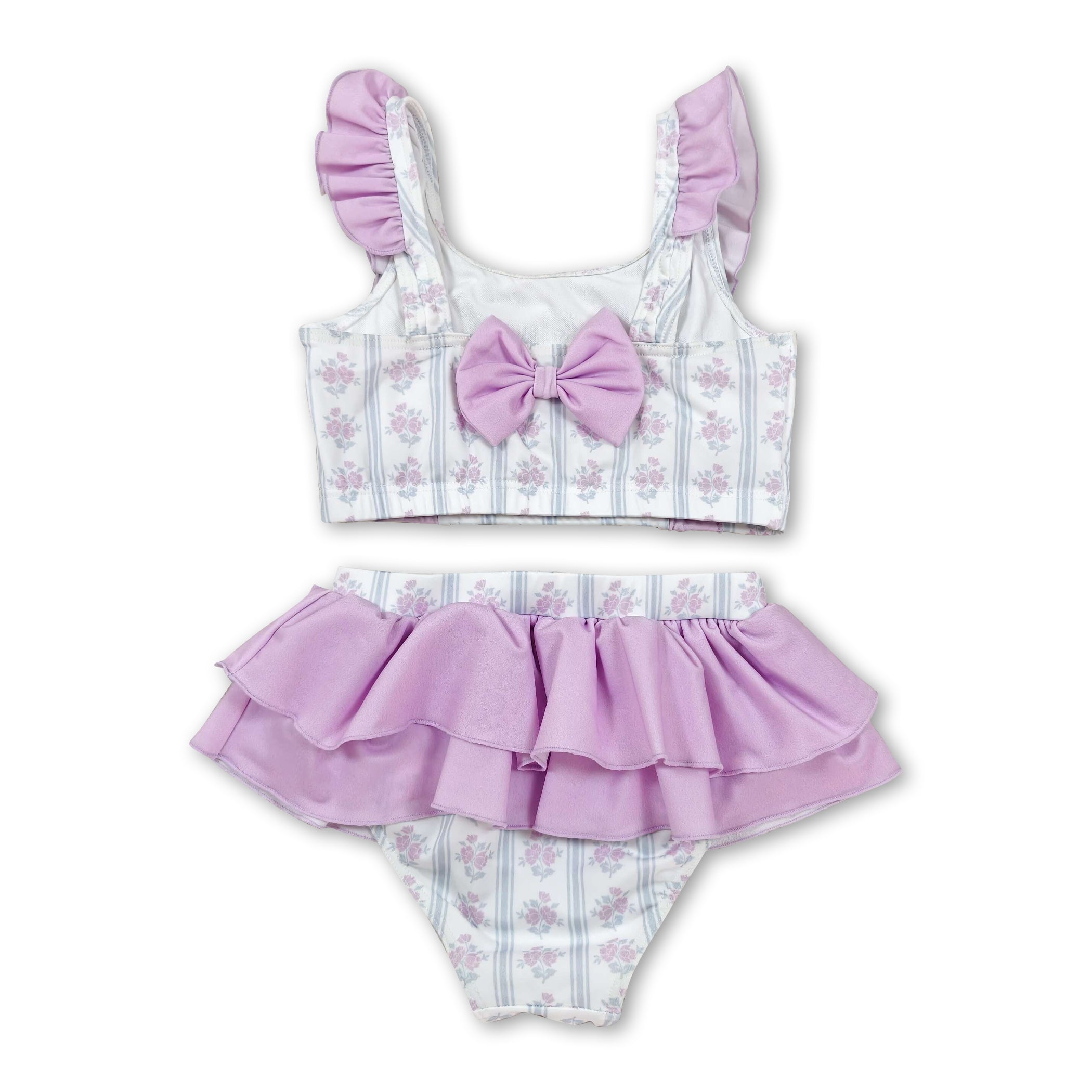 Flutter sleeves ruffle floral girls two pieces summer swimsuit