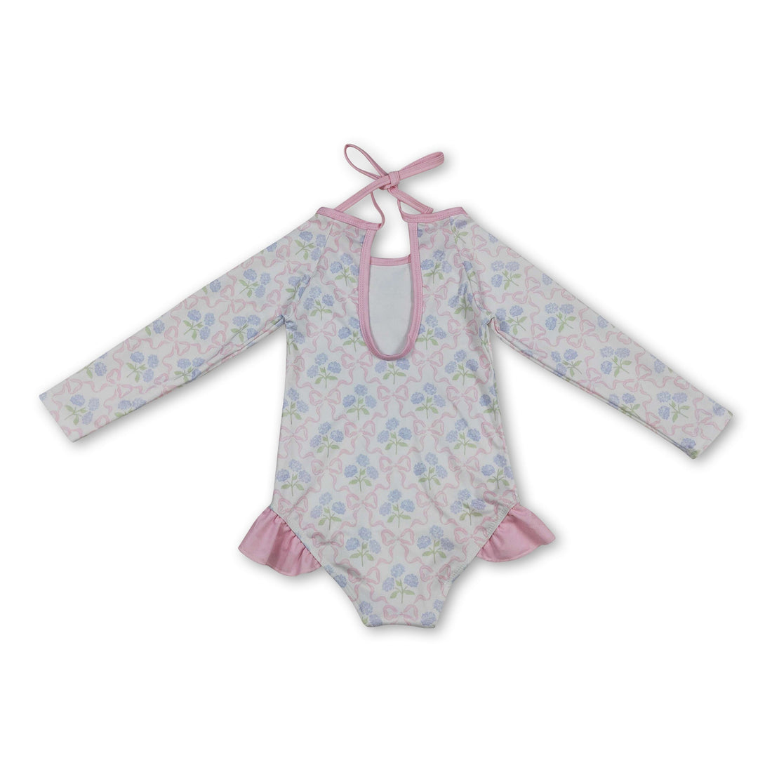 Mini Rodeo long sleeves floral baby girls one-piece swimsuit with bow detail, perfect for sun protection and cute beachwear.