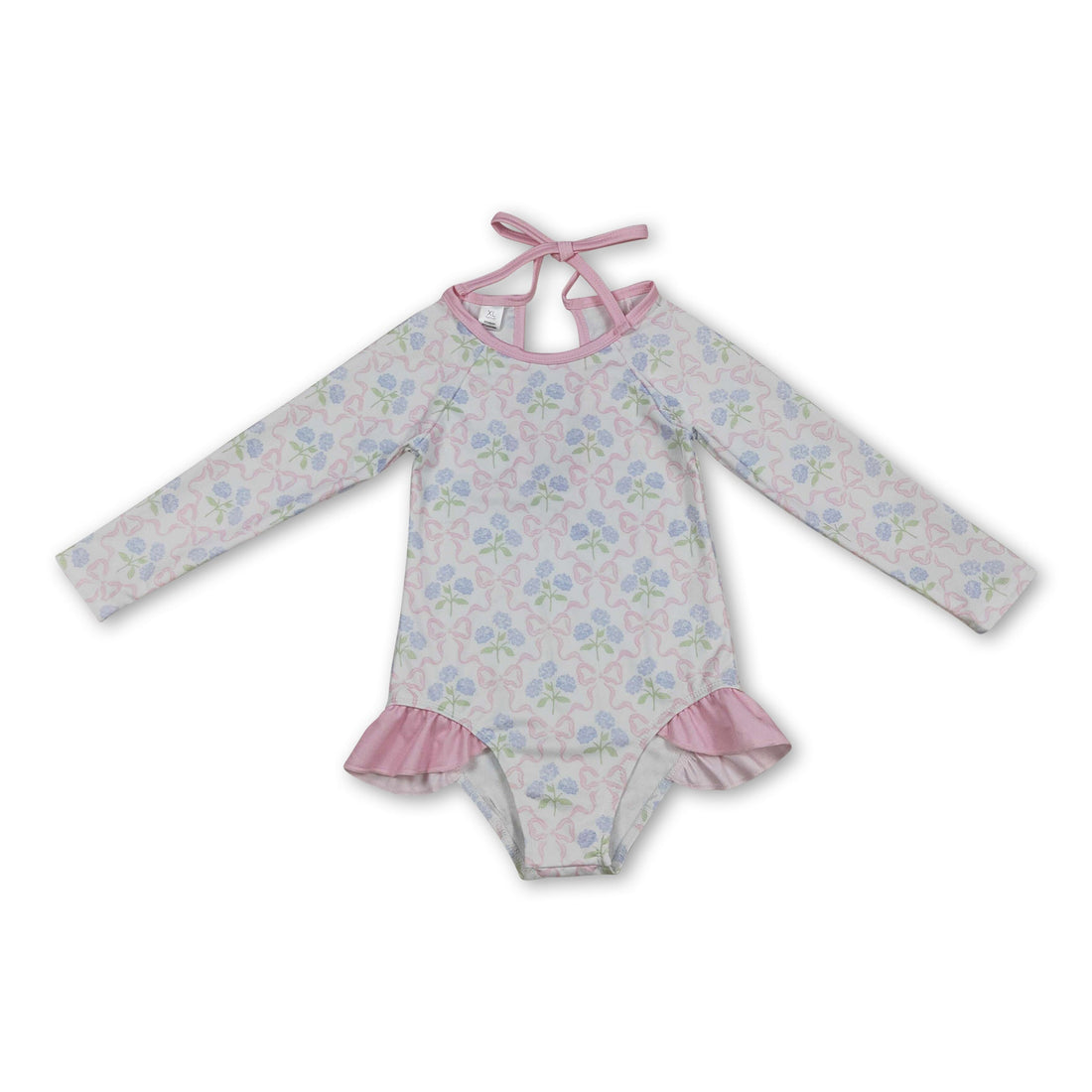 Baby girl long sleeves floral one-piece swimsuit by Mini Rodeo, featuring a bow and vibrant floral pattern.