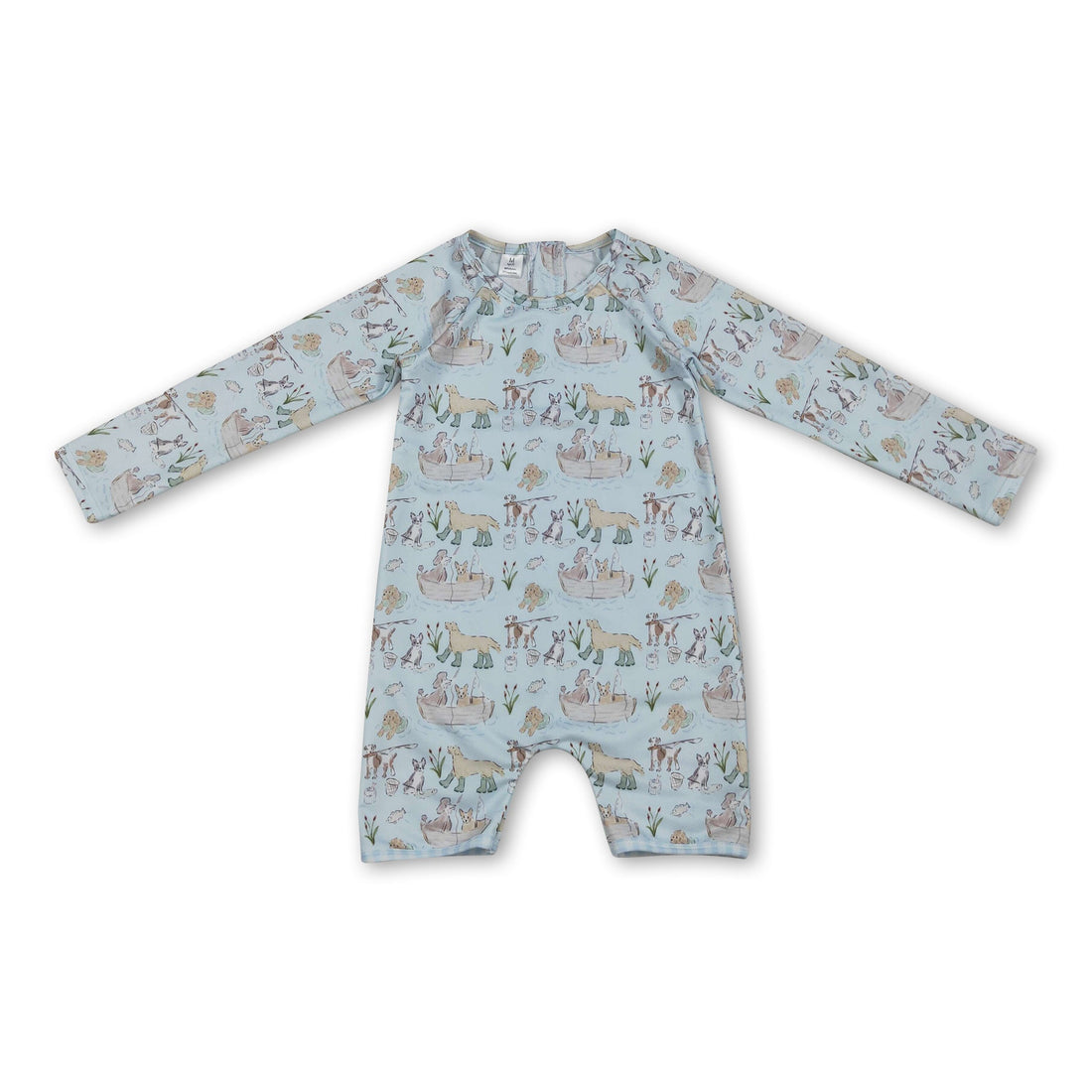 Mini Rodeo long sleeves dog fish baby boy summer swimsuit, boy swimwear with fish print, suitable for warm weather swimming.