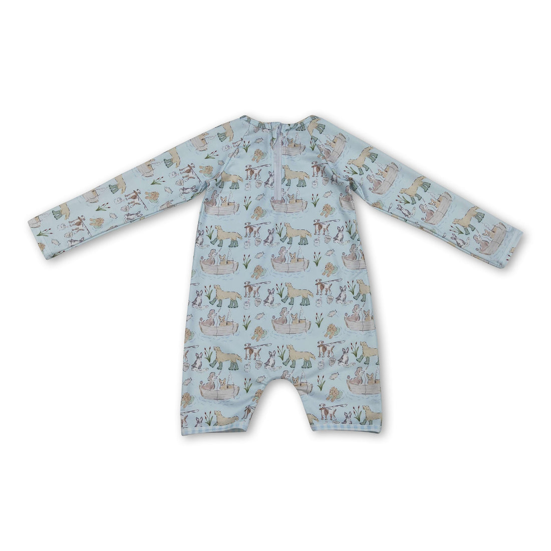 Mini Rodeo long sleeves dog fish baby boy summer swimsuit, boy swimwear with playful fish print, perfect for summer beach days.