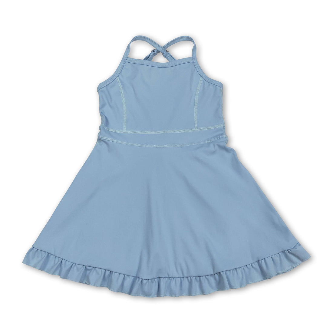 Light blue ruffle straps summer athletic dress for girls by Mini Rodeo, short sleeve design with playful ruffle details.