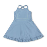 Light blue ruffle straps summer athletic dress for girls by Mini Rodeo, short sleeve design with playful ruffle details.
