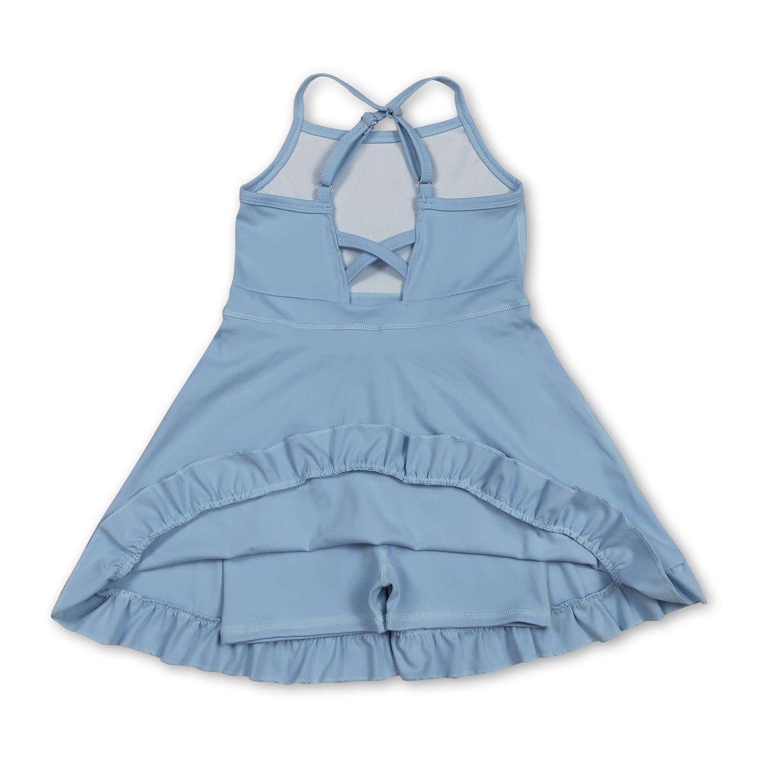 Light blue ruffle straps summer athletic dress for girls by Mini Rodeo, short sleeve design with playful ruffle details.