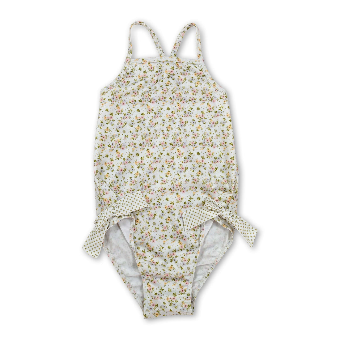 Mini Rodeo floral bow baby girl swimsuit with straps, one-piece summer swimwear for girls, featuring colorful floral pattern and bow detail.