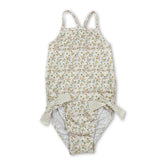 Mini Rodeo floral bow baby girl swimsuit with straps, one-piece summer swimwear for girls, featuring colorful floral pattern and bow detail.