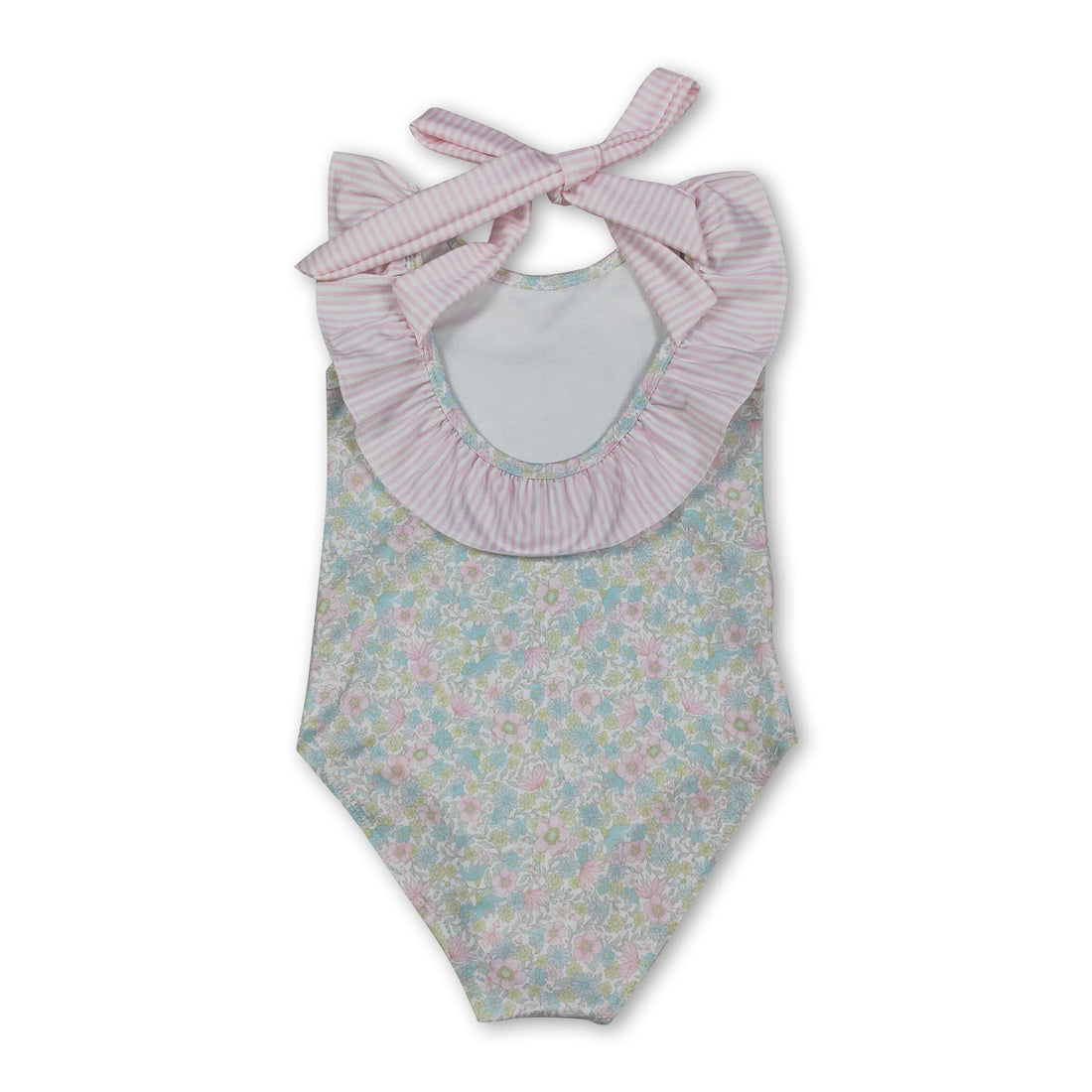 Pink striped sleeveless girl swimwear with ruffle floral details, one-piece swimsuit by Mini Rodeo.