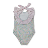 Pink striped sleeveless girl swimwear with ruffle floral details, one-piece swimsuit by Mini Rodeo.