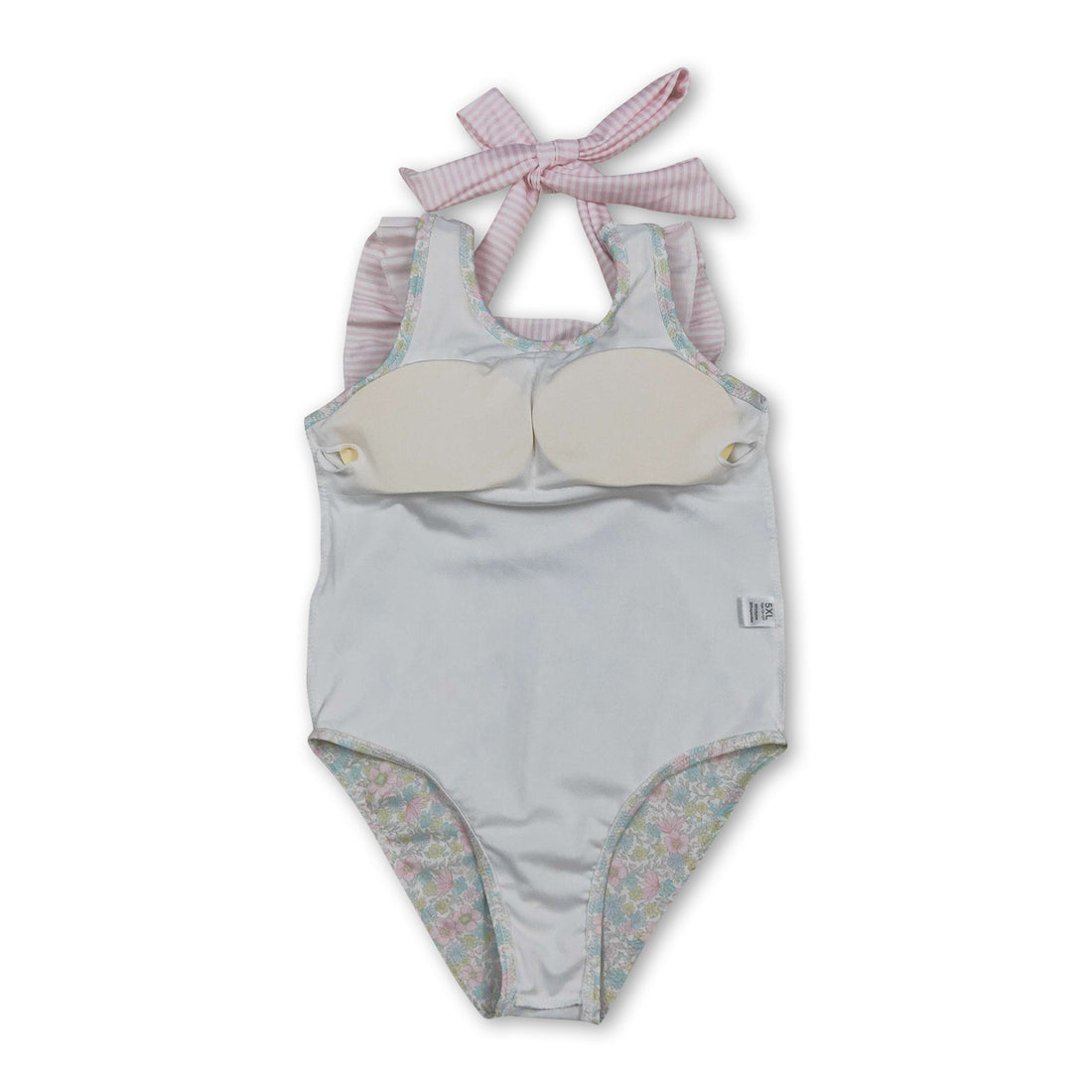 Pink stripe floral girl swimwear one-piece with ruffle details, sleeveless design from Mini Rodeo for girls.