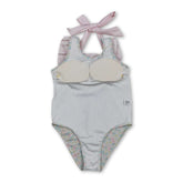 Pink stripe floral girl swimwear one-piece with ruffle details, sleeveless design from Mini Rodeo for girls.