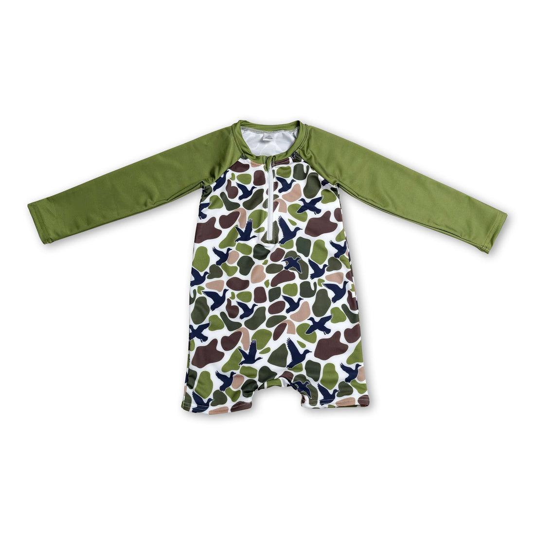 Mini Rodeo long sleeves duck camo baby boy summer swimsuit, lightweight swimwear with full coverage and comfortable fit.