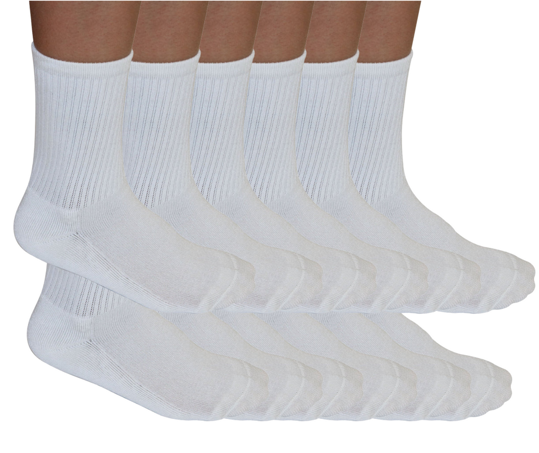 Set of 12 Spun Bamboo unisex white 3/4 crew athletic socks made from bamboo viscose, displayed in a multi-pack.
