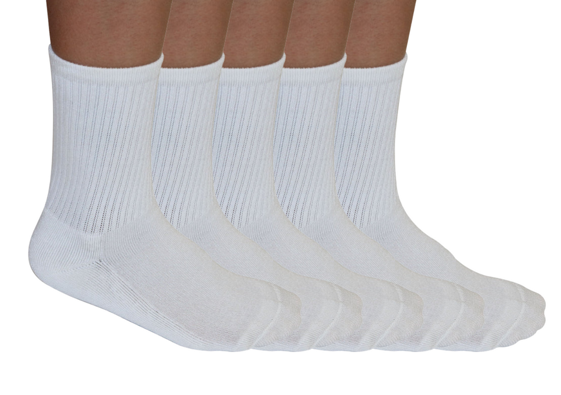 Unisex white 3/4 crew athletic bamboo viscose socks from Spun Bamboo, shown in a 5-pack, comfortable and breathable cotton blend.