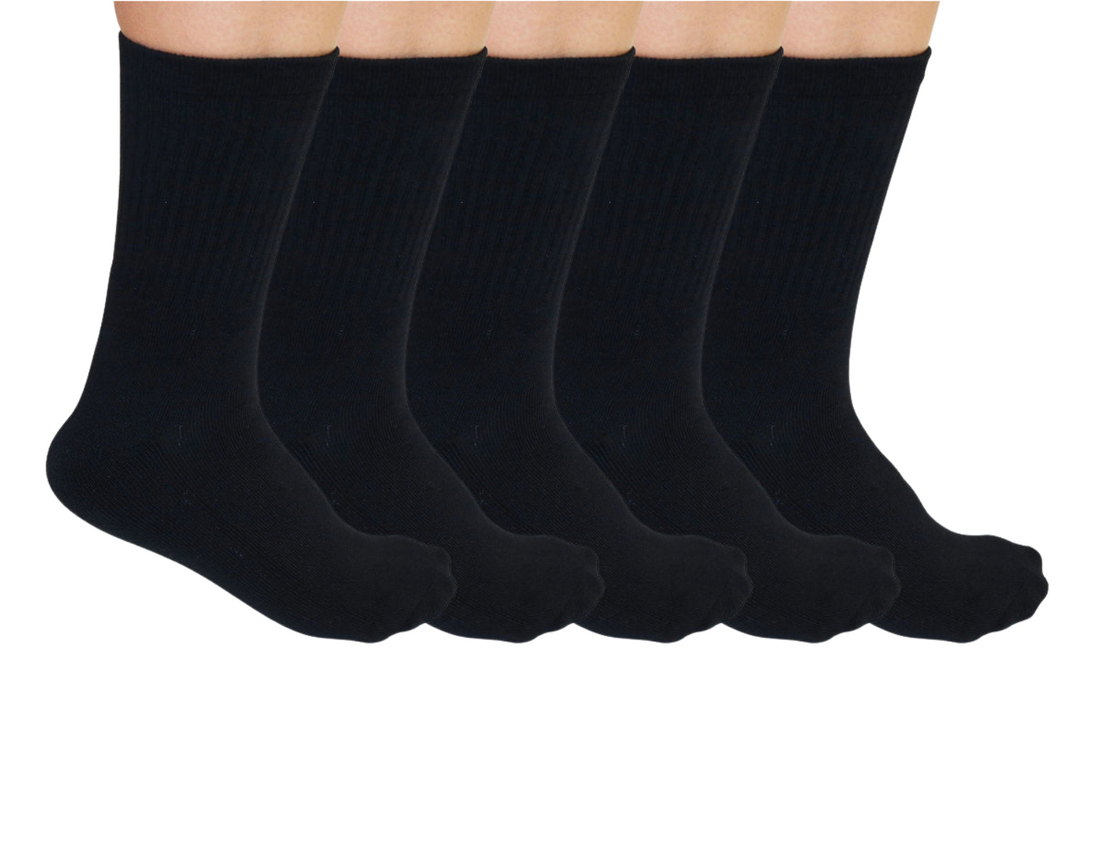 Set of five unisex black bamboo viscose crew socks by Spun Bamboo, showcasing soft, comfortable fabric and classic sock design.