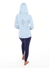 White Water Life Seaside Performance Hoodie in aqua color, showing the back view with Seaside logo and stylish design details.