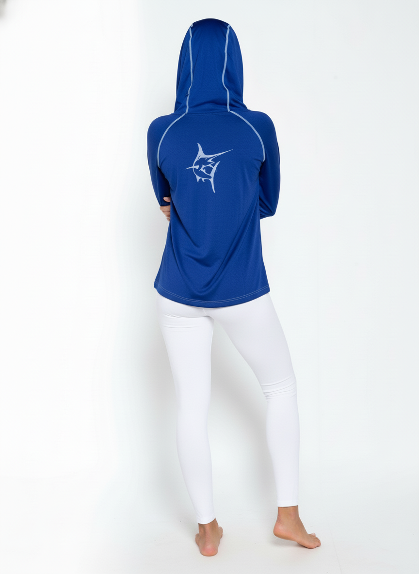 White Water Life Seaside Performance Hoodie in royal blue, showing the back with seaside-themed graphic design.