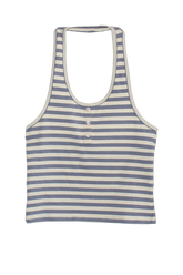 FindmeNowTheLabel Bruna halter top in seaside stripe with button details, featuring a stylish halter neckline and vibrant striped pattern.