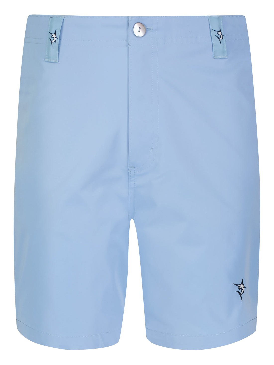 White Water Life Captain Shorts laid flat showing navy blue fabric with adjustable drawstring waistband and multiple pockets.