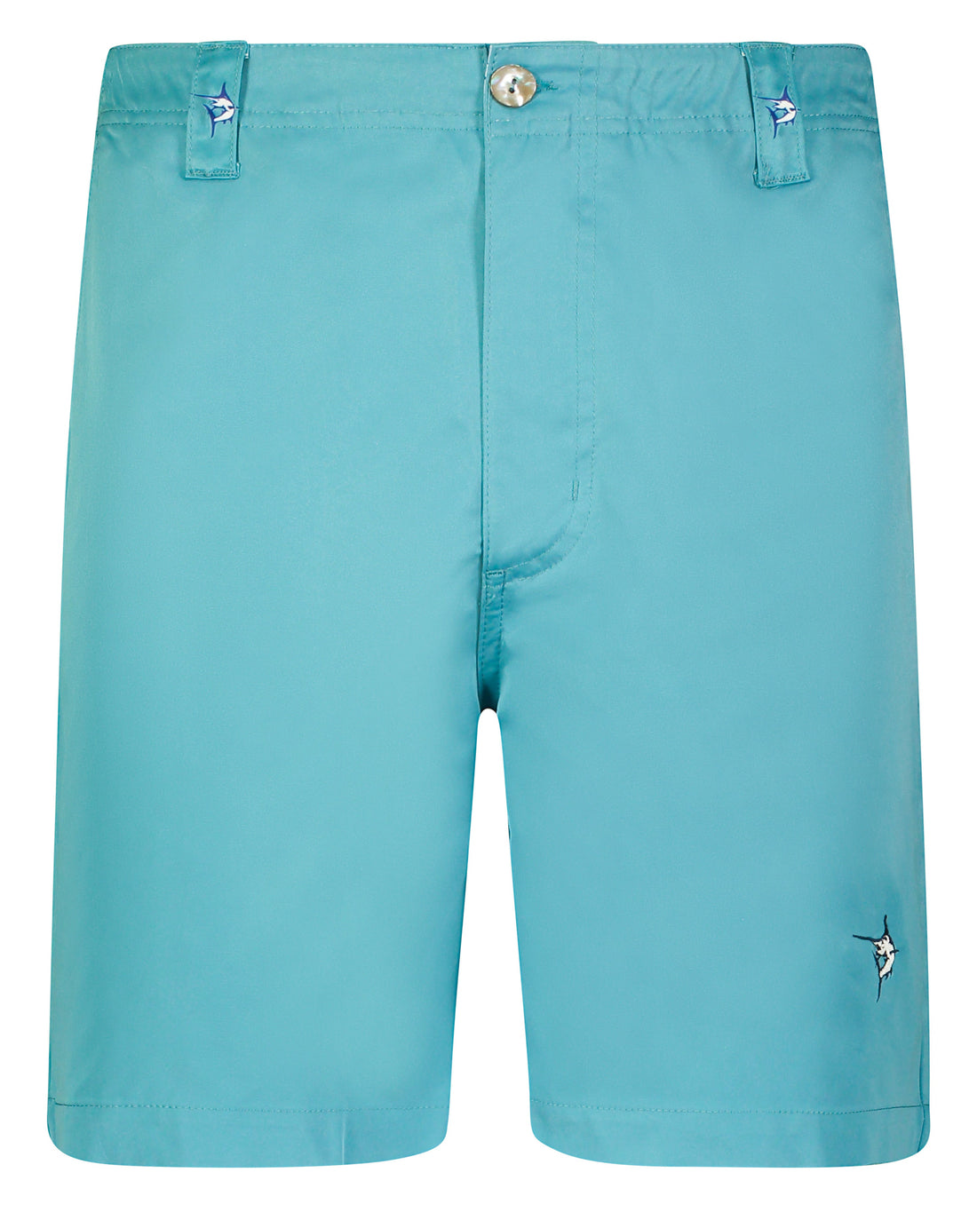 White Water Life Captain Shorts laid flat, showing navy blue fabric with adjustable drawstring waist and cargo pockets.