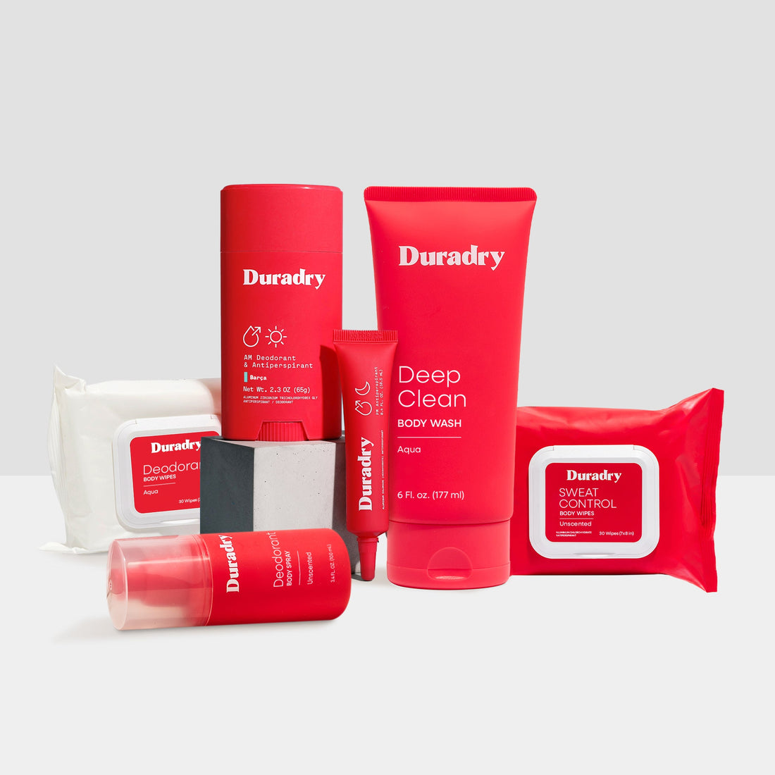 Duradry Signature Starter Kit with skincare products in a box, featuring bottles and tubes for sensitive skin care.