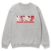 Yūjin Clothing Senpai Sweatshirt in gray, featuring a relaxed fit with the Senpai logo on the front and ribbed cuffs.