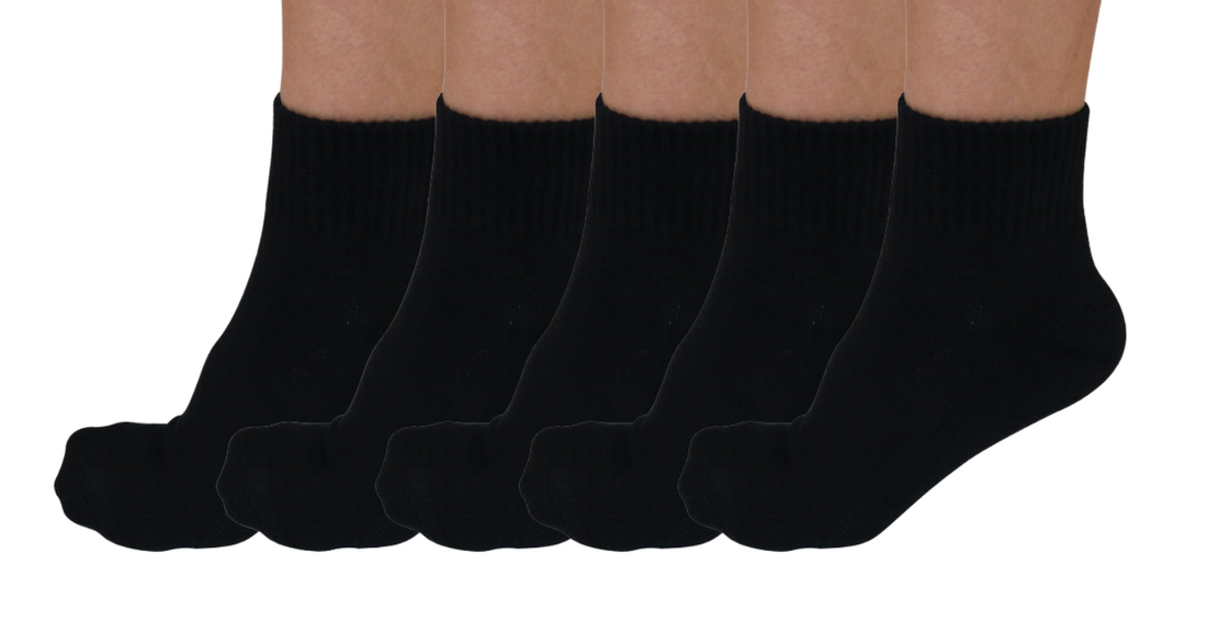 Set of five black unisex bamboo viscose crew socks by Spun Bamboo, showing comfortable, soft fabric and classic crew length.