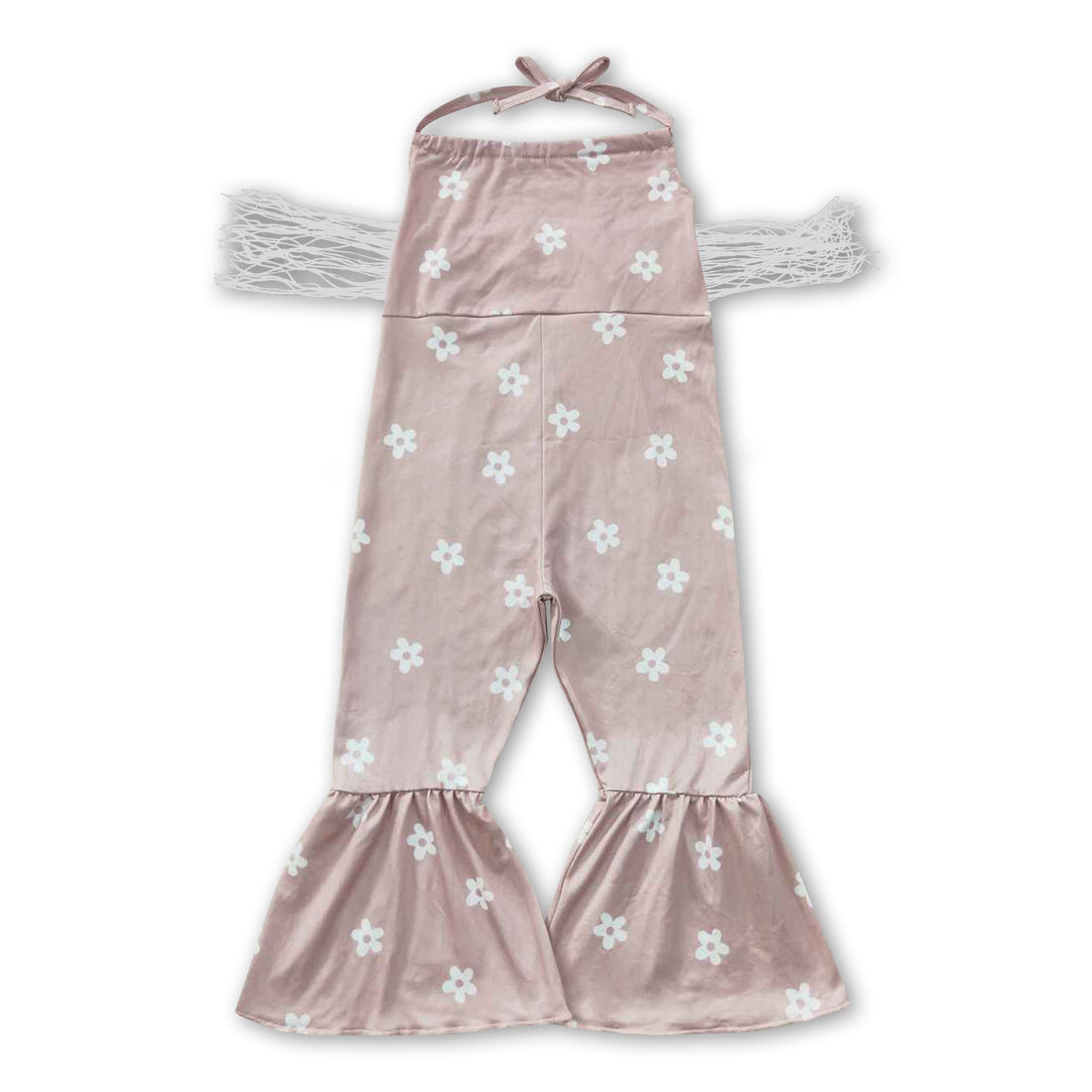 Khaki floral tassels halter baby girls jumpsuit
