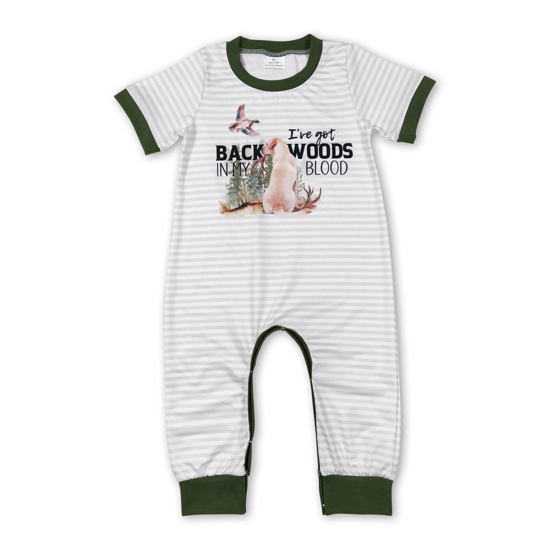 Grey stripe short sleeves duck dog baby boy romper