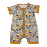 Mini Rodeo baby boy zipper romper with short sleeves and dig excavator print, perfect for comfortable, stylish toddler wear.