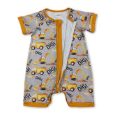 Mini Rodeo short sleeve dig excavator baby boy romper with zipper, featuring playful excavator print and comfortable fabric.