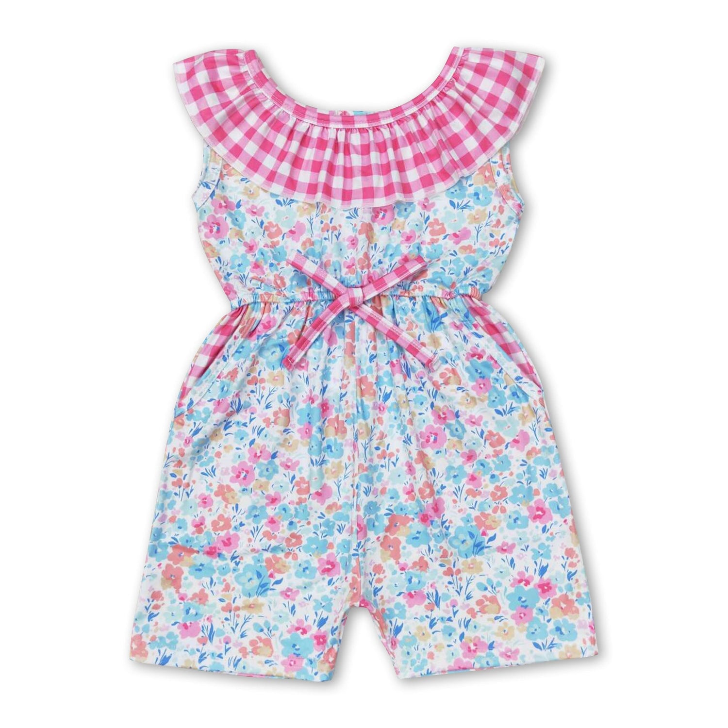 Pink plaid floral kids girls summer jumpsuit