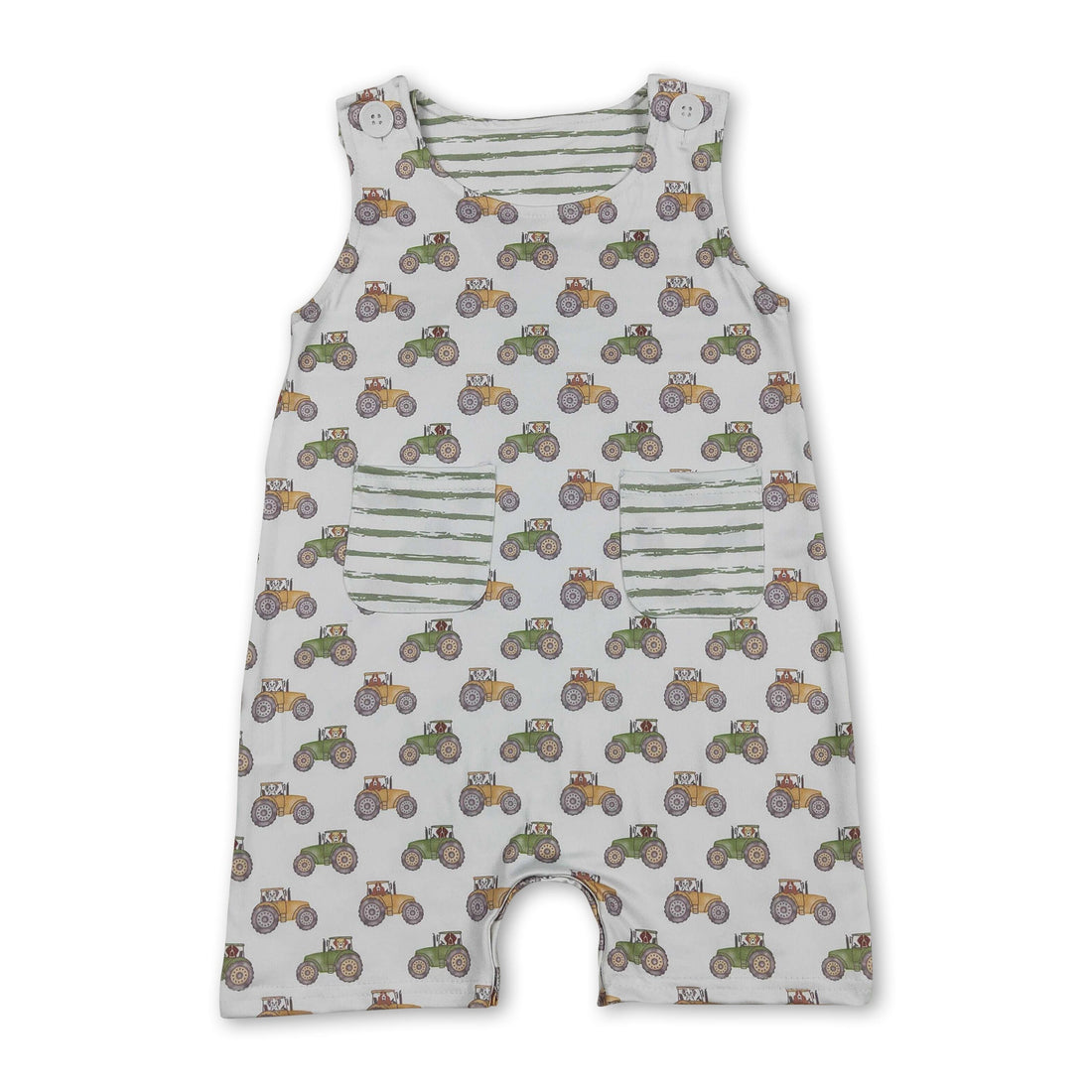 Mini Rodeo sleeveless baby boy romper with tractor stripe pattern and front pocket, designed for comfort and cute style.