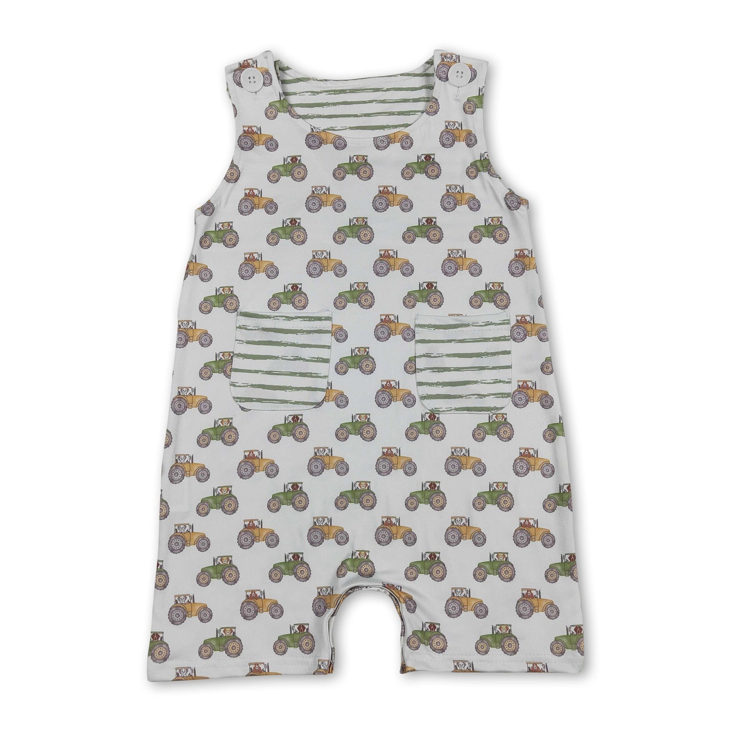 Sleeveless tractor stripe pocket baby boy romper