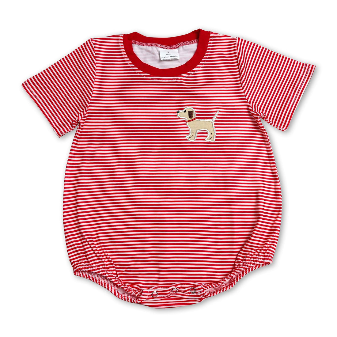 Red stripe short sleeve dog baby boy romper from Mini Rodeo Boy Bubbles collection, featuring a cute, comfortable design.