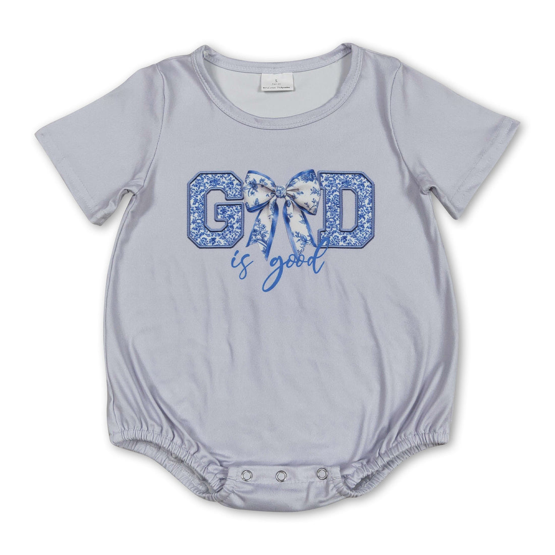 Short sleeves light blue floral bow God is good baby romper
