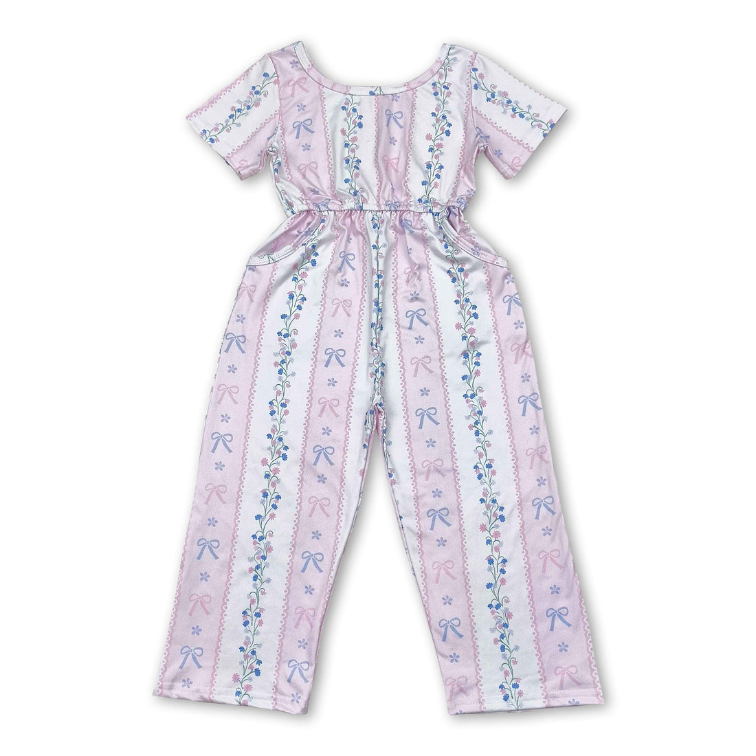 Short sleeves pink bow floral pockets girls jumpsuit