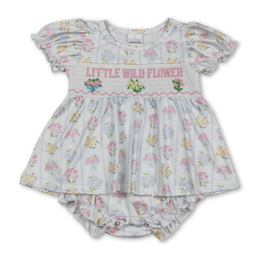 Cute girl romper with short sleeves and a wildflower pattern by Mini Rodeo, designed for baby girls, shown with floral details.