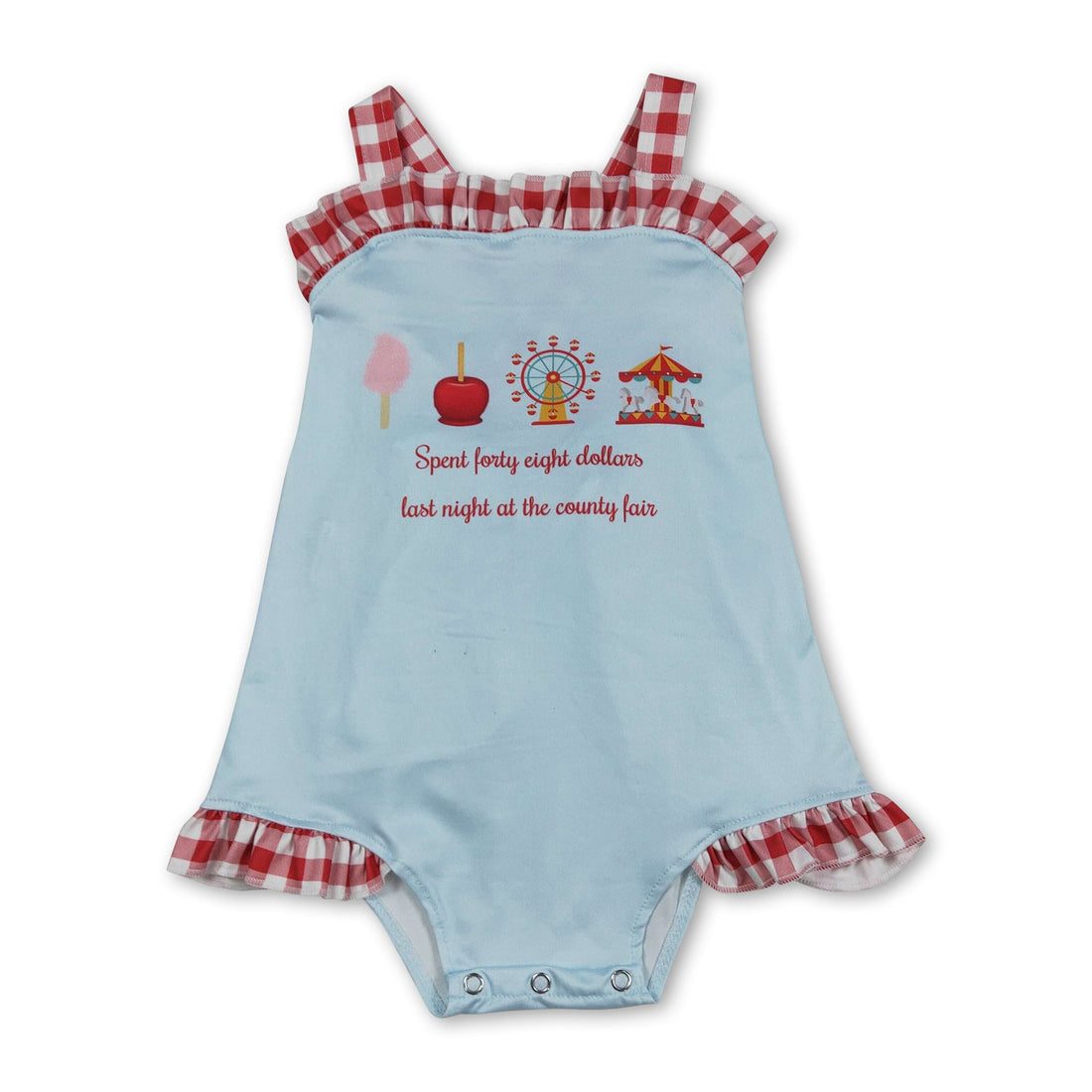 Red plaid straps ferris wheel girl bubble romper for baby girls by Mini Rodeo, featuring summer playful design and comfortable fabric.
