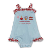 Red plaid straps ferris wheel girl bubble romper for baby girls by Mini Rodeo, featuring summer playful design and comfortable fabric.
