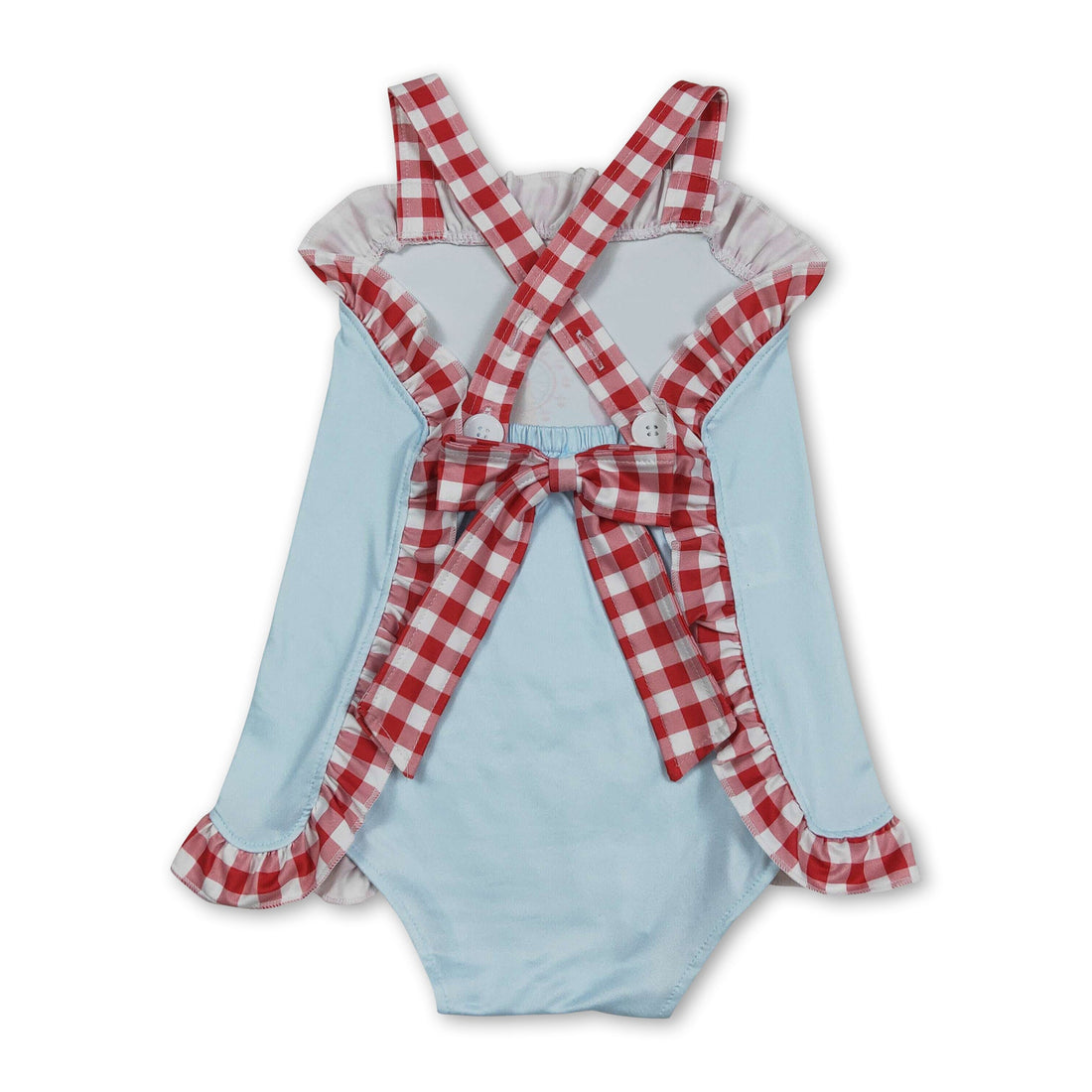 Red plaid straps ferris wheel girl romper by Mini Rodeo, summer bubble outfit for baby girls with playful design.