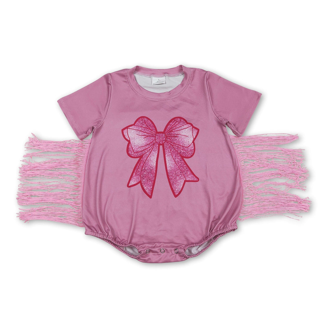 Pink girl romper with short sleeves, tassels, and bow detail from Mini Rodeo, featuring a cute baby girl bubble design.