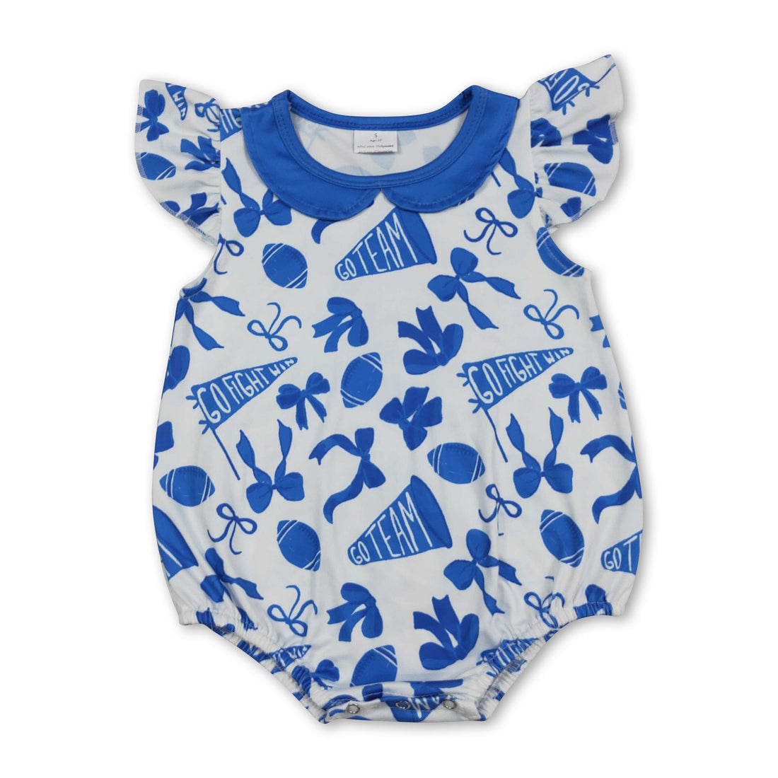 Blue flutter sleeves football bow baby girl romper by Mini Rodeo, featuring team-inspired design and adorable bubble style.