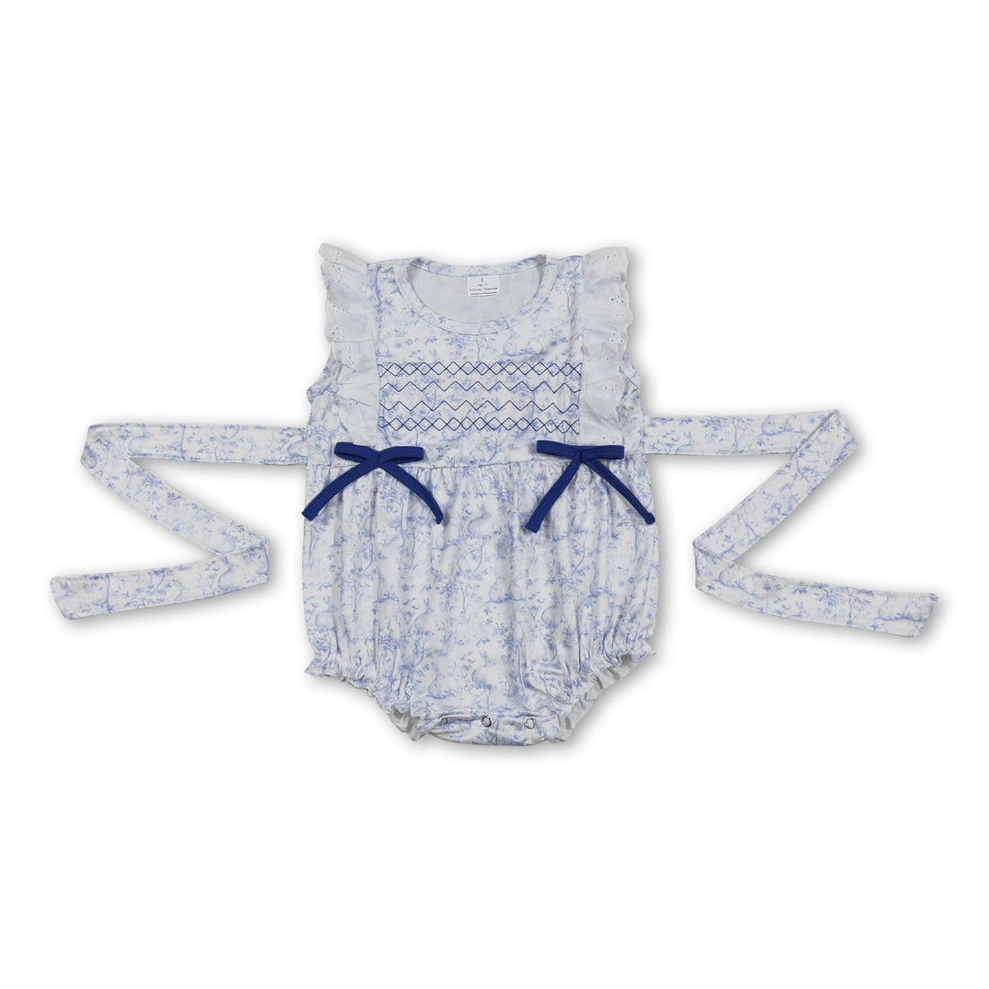 Blue floral embroidery baby girl romper with flutter sleeves, made by Mini Rodeo, featuring a cute and comfortable girl bubbles design.